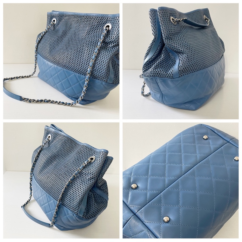 Chanel blue perforated and quilted leather Up In The Air shoulder tote bag - Picture 3 of 13